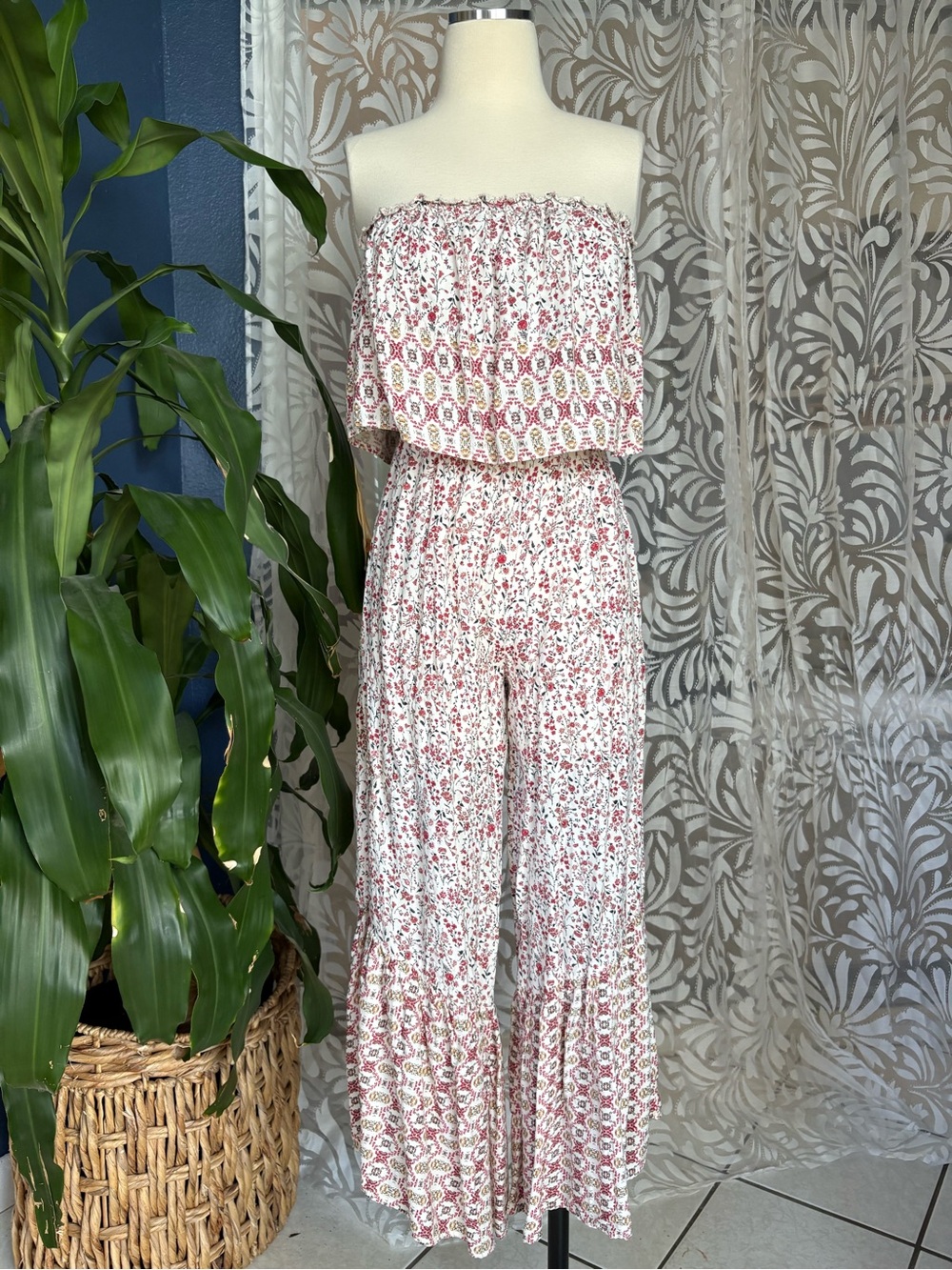 Japna Strapless Wide Leg Romper Jumper Smocked Floral Red White Gold Flow Casual